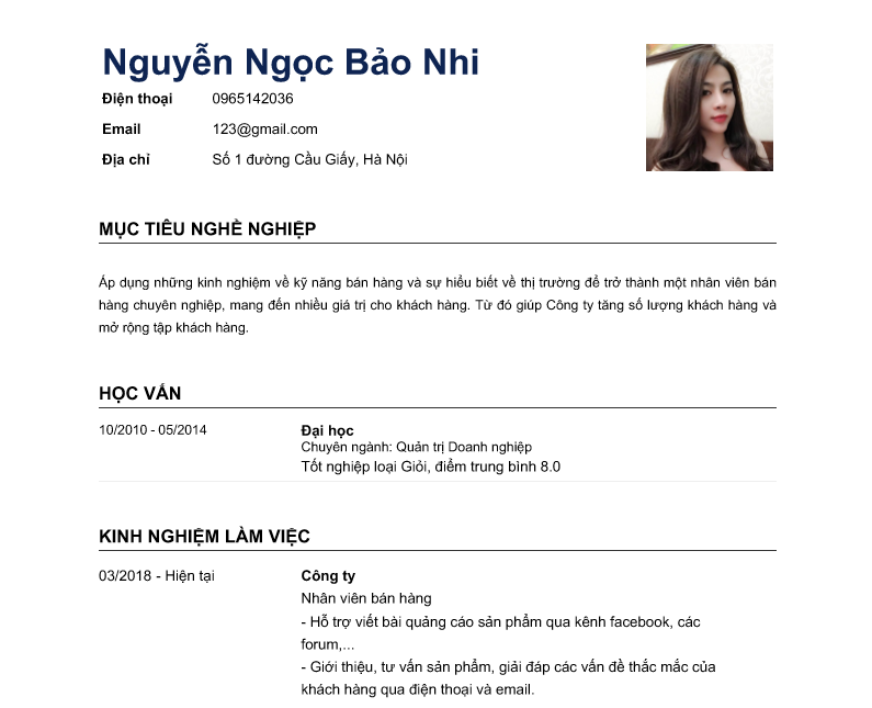 Mẫu cv xin việc tiếng Việt